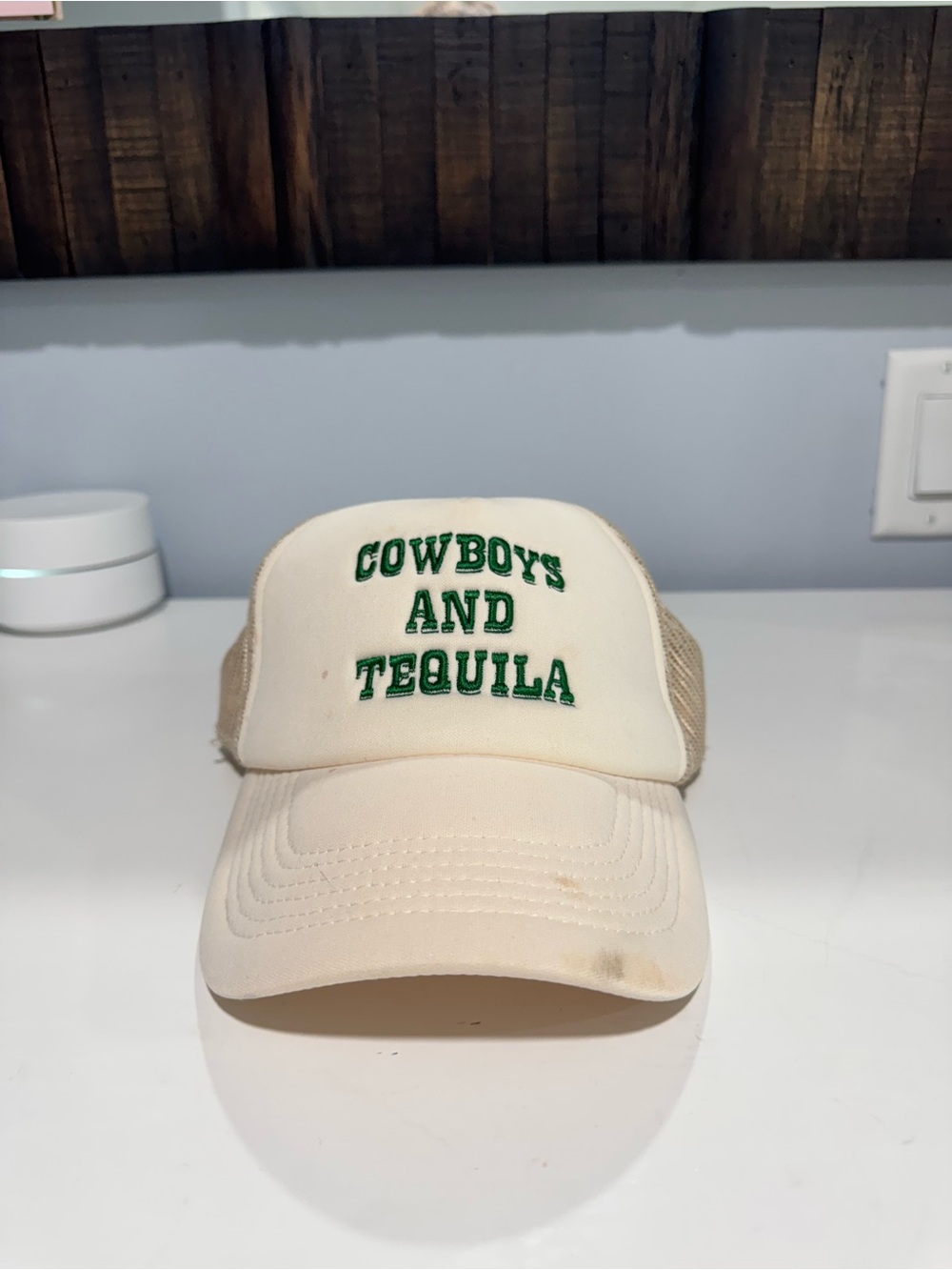 Cowboys and Tequila Cream Trucker Hat with Green Embroidery